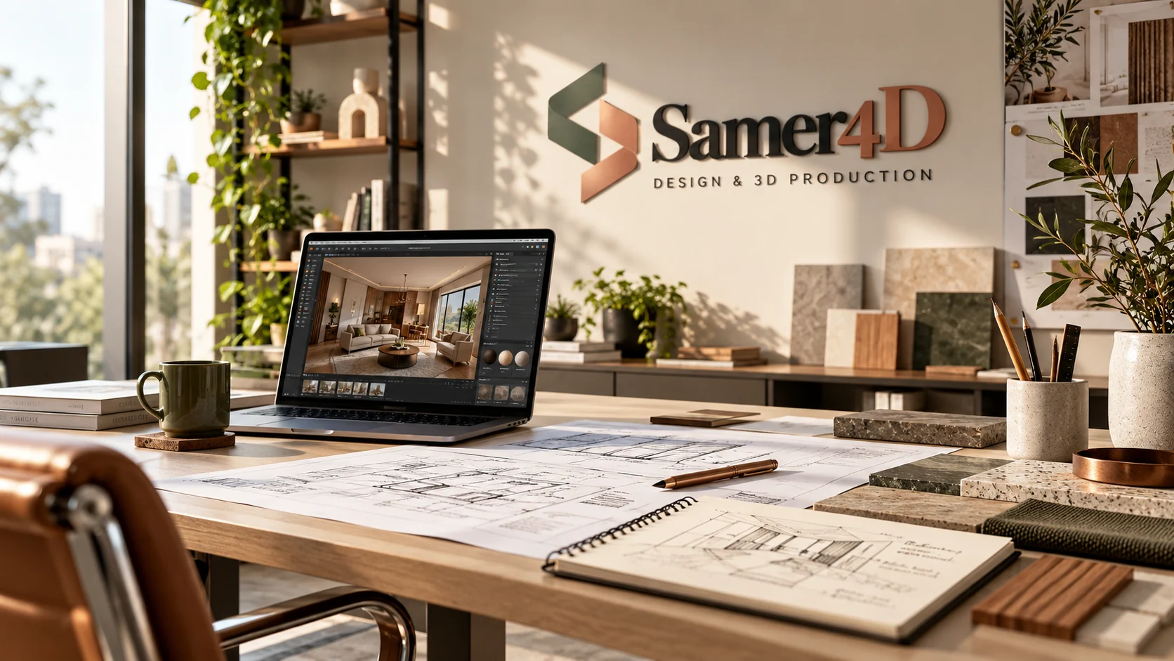 Samer4D design studio with drawings, materials and 3D visualization workstation