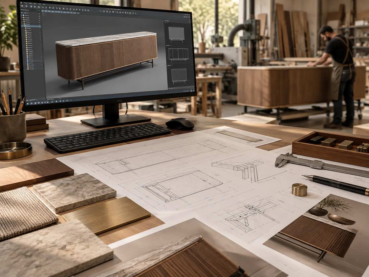 Furniture production workflow linking precise 3D modeling, technical drawings and workshop execution
