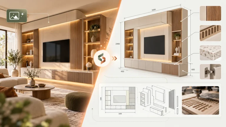 AI interior inspiration translated into a dimensioned, buildable design with materials and details.