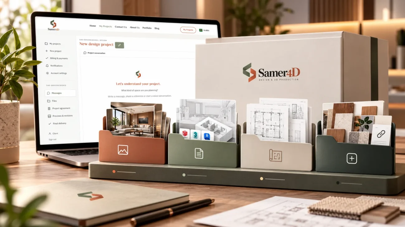 Organized final project delivery with render, working file, drawing, and extra file groups.