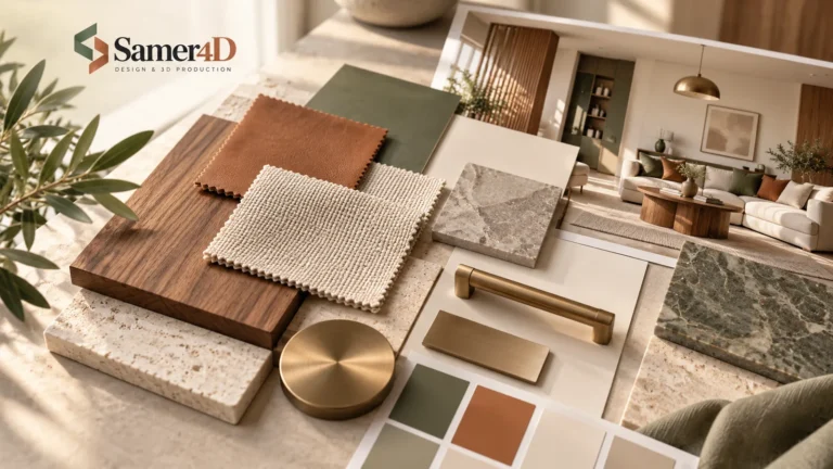 Interior material board with wood, stone, fabric, metal, and finish samples.