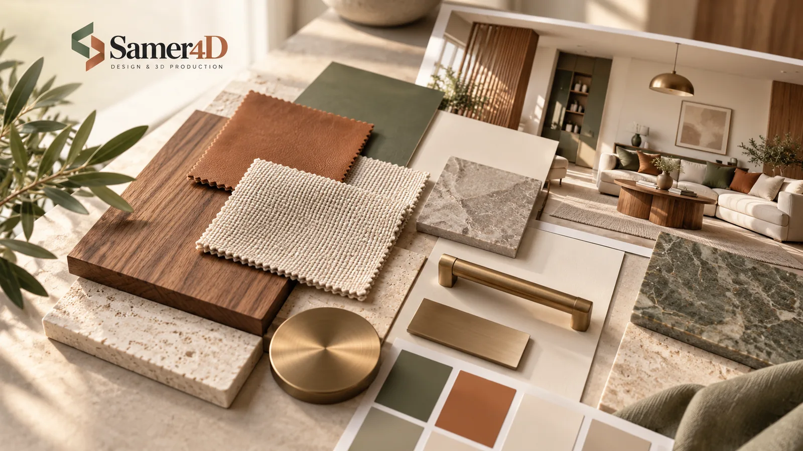 Interior material board with wood, stone, fabric, metal, and finish samples.