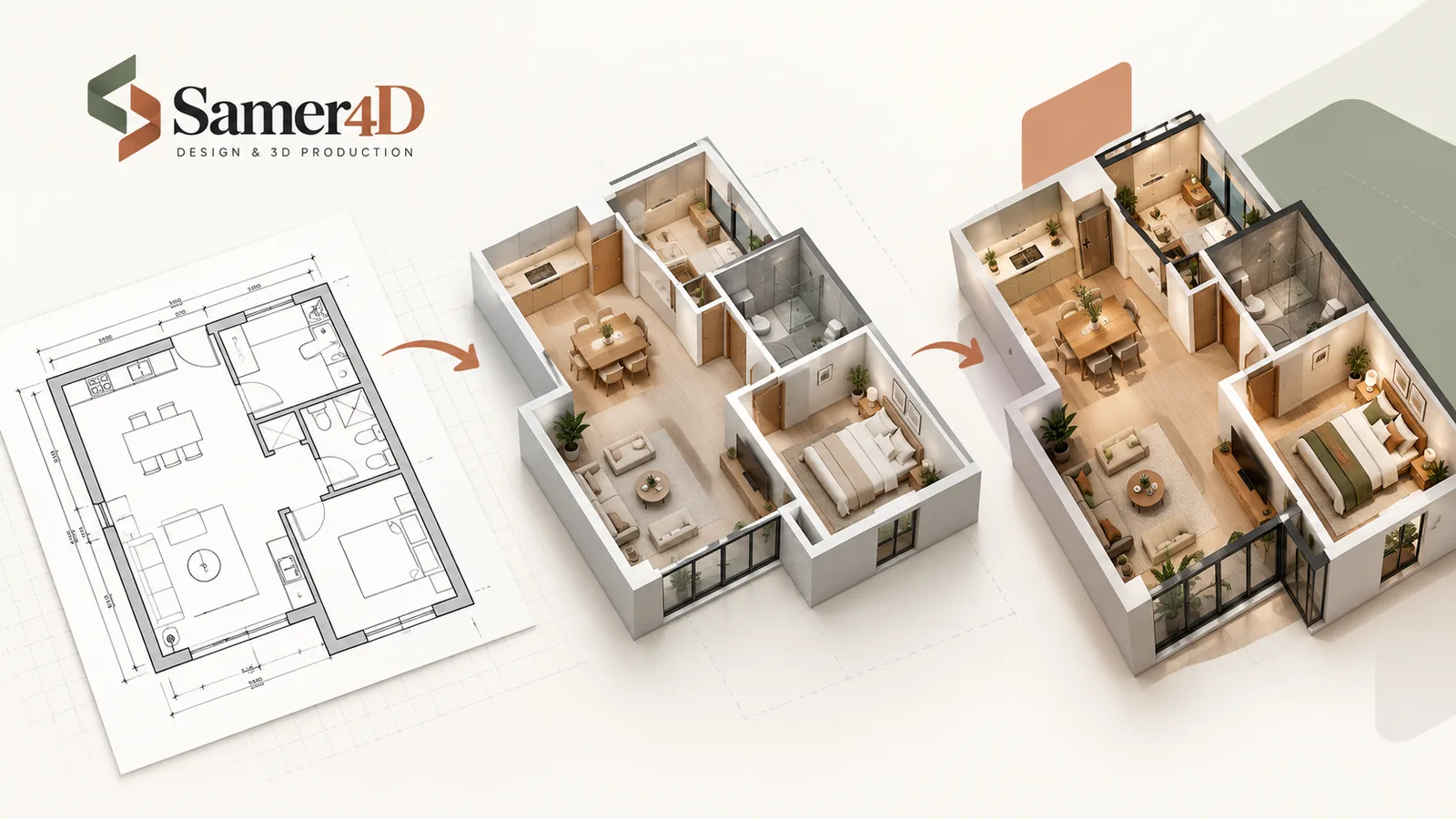 Technical floor plan progressing into a structured three-dimensional interior model.
