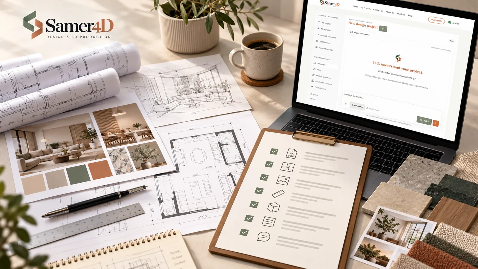 Project preparation desk with drawings, references, measurements, checklist, and Samer4D workspace.