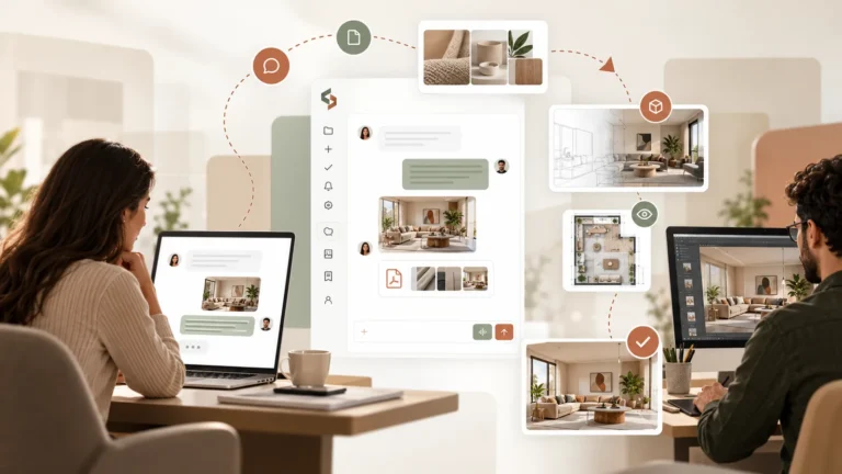 Client and studio collaborating remotely through a shared design project workflow.