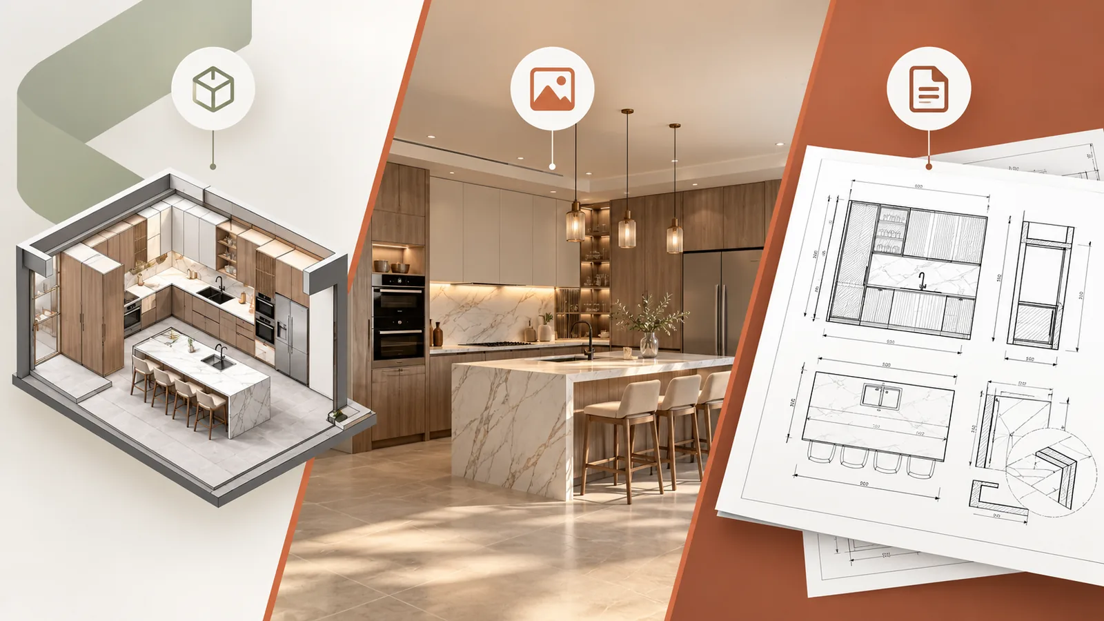 Comparison between a 3D model, a realistic render, and a technical shop drawing.
