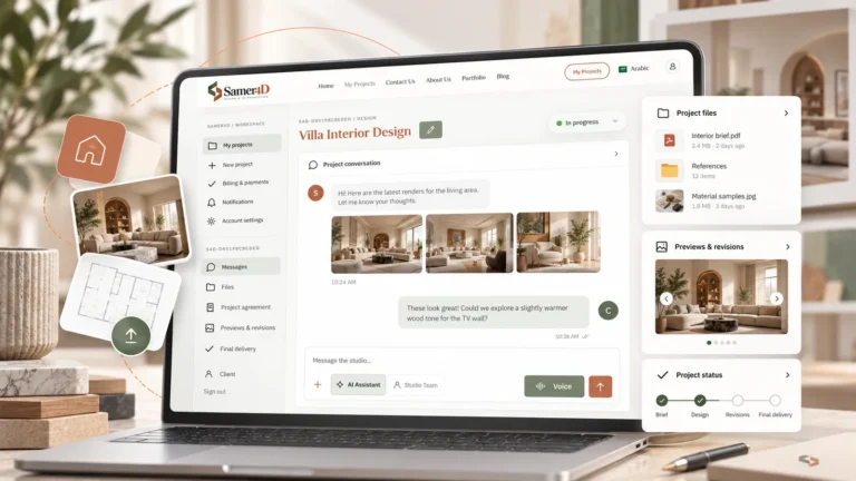 Samer4D project workspace bringing messages, files, previews, and project status together.